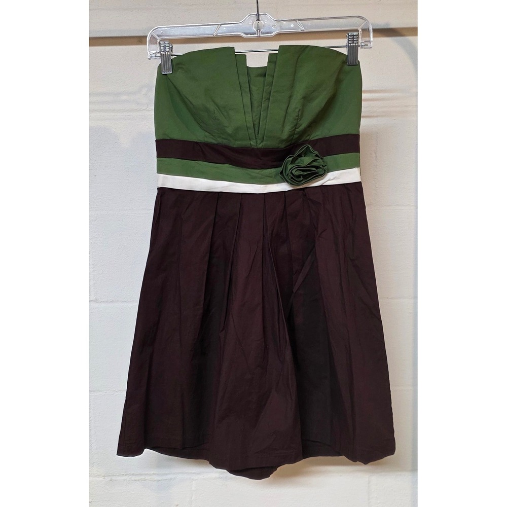 Y2K Trixxi Strapless Colorblock Mini Dress Green Brown Rosette Accent Size 9